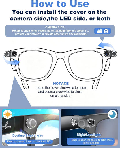 4Pcs 180°Rotating LED & Camera Privacy Light Cover Blocker Compatible with Ray Ban Meta(Gen 1 & 2) Wayfarer/Skyler/Headliner & Oakley Meta HSTN AI Smart Glasses Accessories, Translucent
