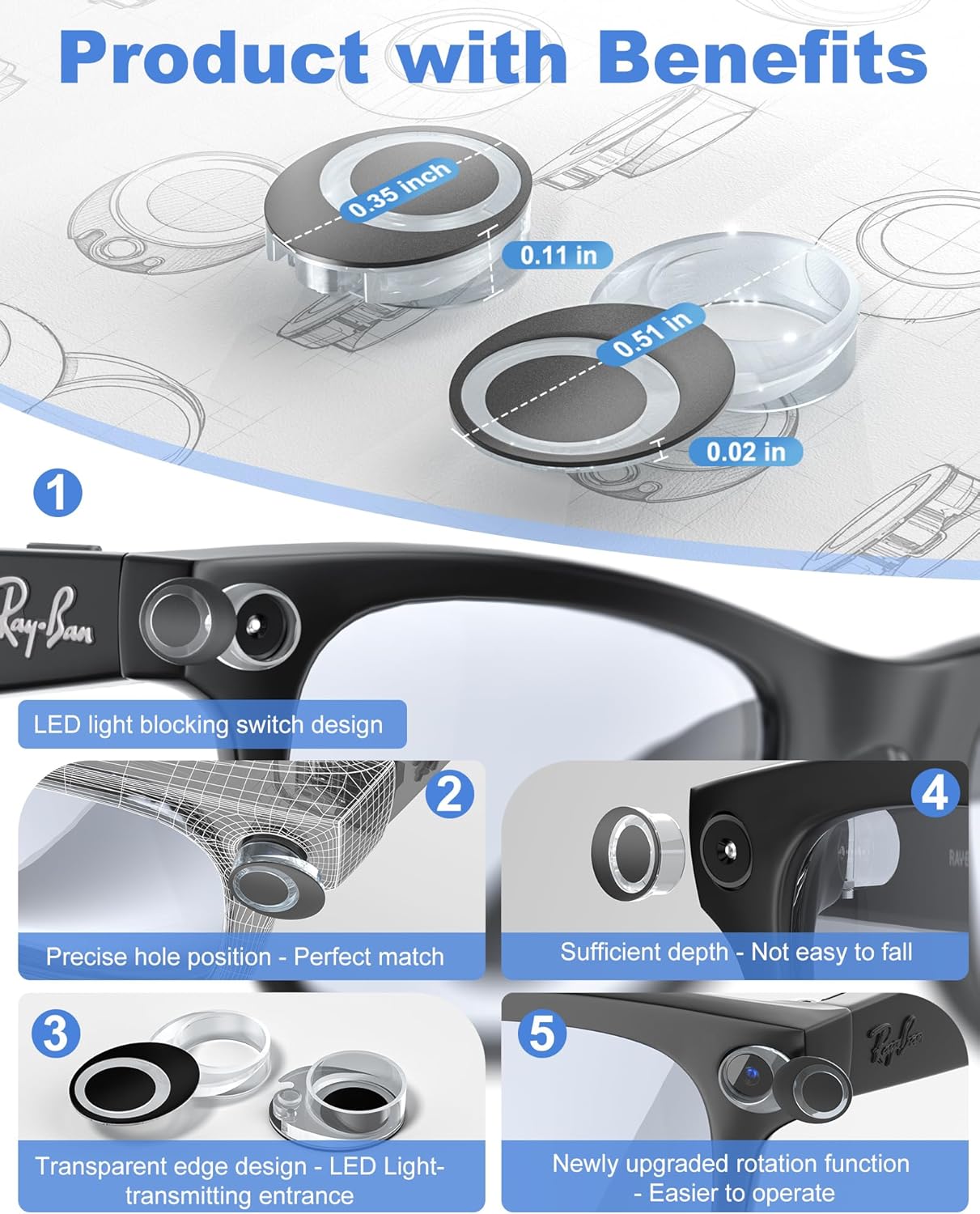 4Pcs 180°Rotating LED & Camera Privacy Light Cover Blocker Compatible with Ray Ban Meta(Gen 1 & 2) Wayfarer/Skyler/Headliner & Oakley Meta HSTN AI Smart Glasses Accessories, Translucent