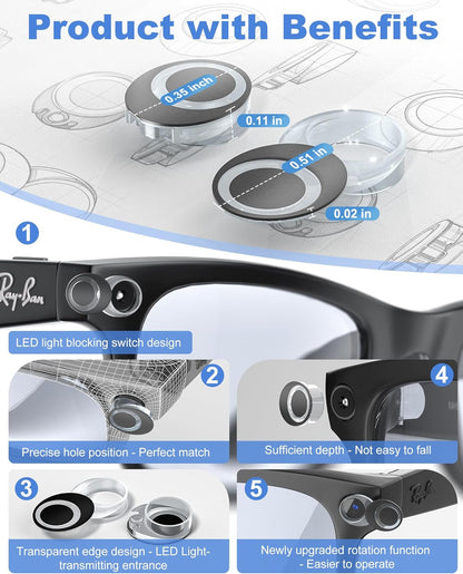 4Pcs 180°Rotating LED & Camera Privacy Light Cover Blocker Compatible with Ray Ban Meta(Gen 1 & 2) Wayfarer/Skyler/Headliner & Oakley Meta HSTN AI Smart Glasses Accessories, Translucent